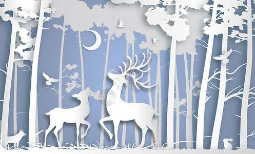 北欧鹿背景海报剪纸风森林鹿插画