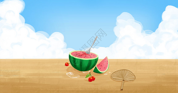 夏天吃西瓜夏日时光插画