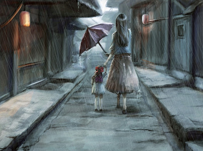 古镇街道下雨的街道 母亲给女儿打伞插画