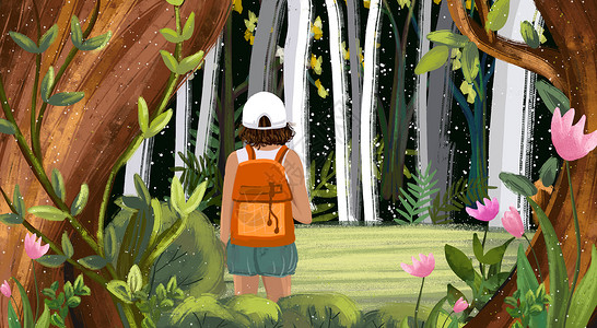 背包女孩儿丛林探险的女孩儿插画