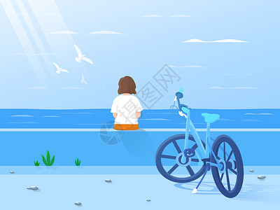 自行车小女孩看大海插画设计背景图片