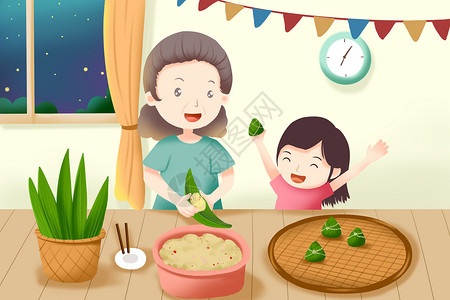 奶奶包粽子端午节 包粽子插画