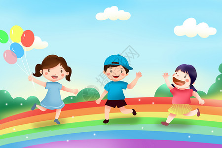 女生开心儿童节 彩虹桥上玩耍插画