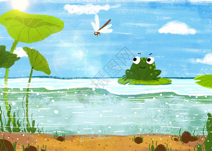 池塘阳光夏天池塘青蛙插画