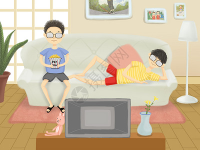 两个男孩在沙发上看电视插画