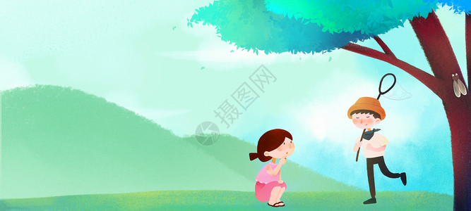夏季捕蝉的儿童背景图片