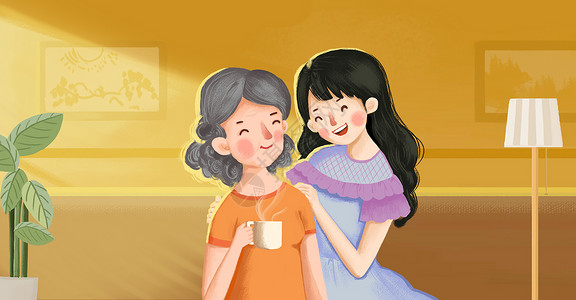 爱笑的女孩妈妈和女儿插画