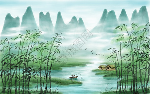 竹沙发水墨山水画背景插画