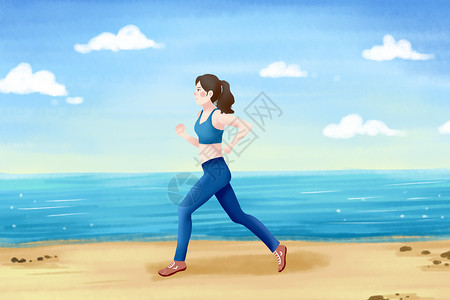 运动装退休女生海边跑步健身插画