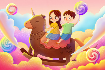 儿童糖果花环骑在木马上面的孩子插画