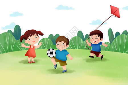 运动上的女孩儿童节 草地上玩耍插画