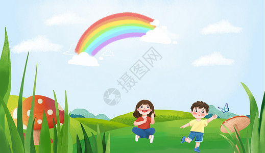 彩虹上小男孩六一儿童节插画