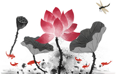水墨荷花背景素材红荚莲高清图片