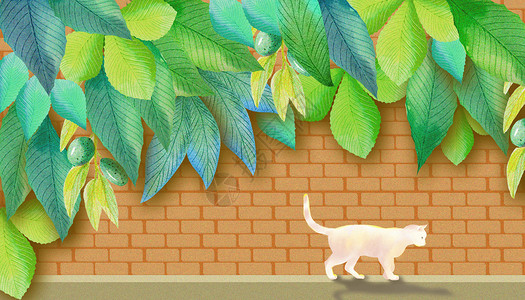 养护院绿植与猫插画