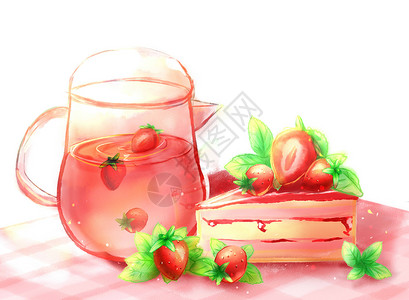 草莓果茶夏季饮品水果插画