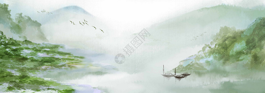 船舶设备中国风山水背景插画