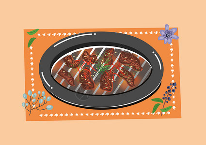 铁板烤鱼烤肉插画