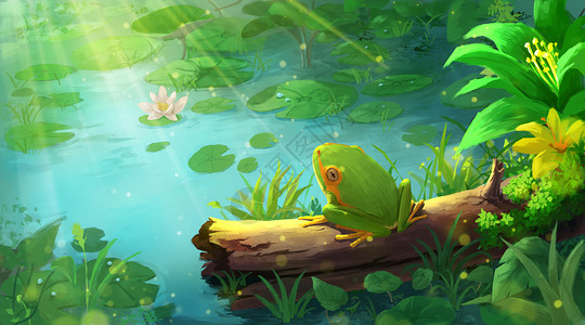 池塘里的青蛙夏天夏季夏至荷塘池塘青蛙插画