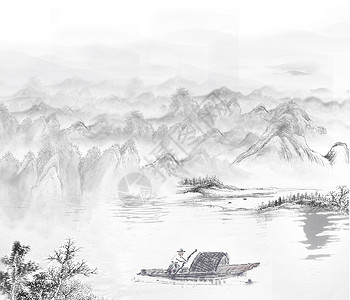 黑白灰家居水墨山水背景插画