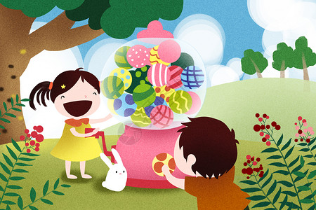 小男孩和兔子儿童节快乐插画
