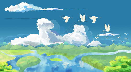明媚天空大自然湿地草原上的大雁背景插画