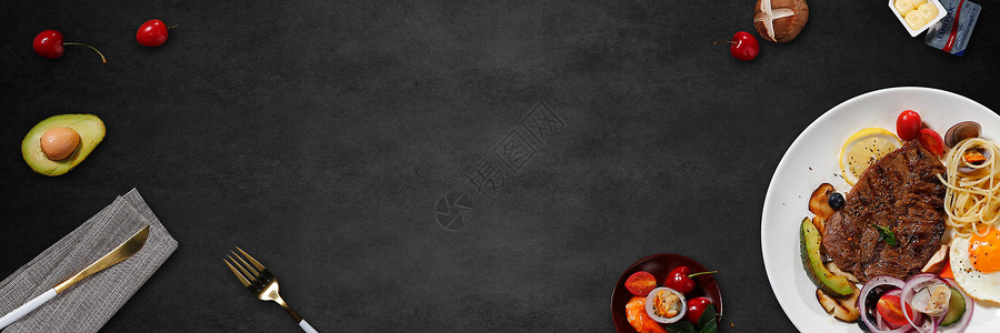 沙拉面包樱桃美食海报背景设计图片