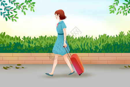 红色行李箱旅行女孩去旅行插画