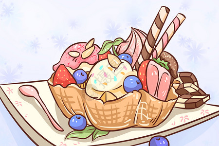 三色冰淇淋蛋筒草莓棒高清图片