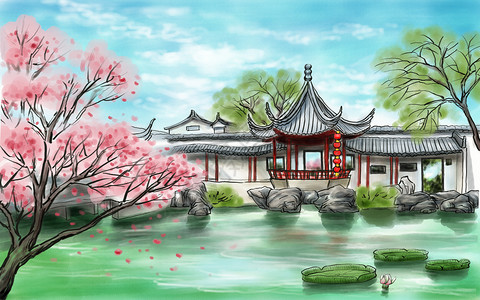 中国古典园林建筑风景水墨画风景画背景 苏州园林插画