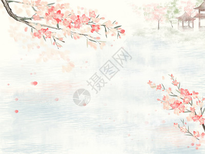 水与花唯美古风水彩背景插画