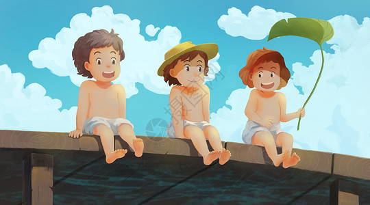 可爱儿童玩耍夏天水边嬉戏的儿童插画