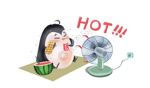 热的夏天企鹅吃西瓜插画