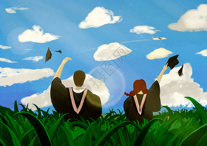 青春毕业生站在草丛中的毕业生插画