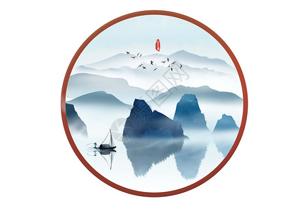 中国古风屏风水墨山水插画