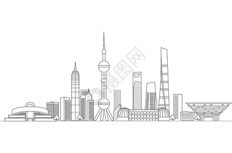 现代商务建筑上海地标都市线稿插画