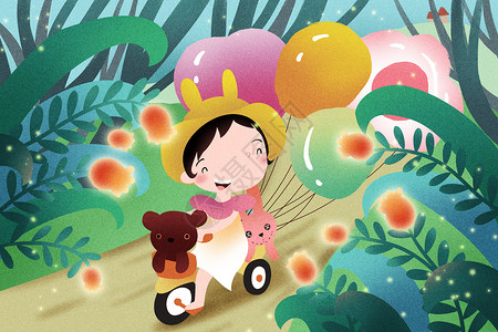 载气球的卡通车骑车的小女孩插画