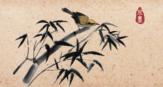 清新极简手绘图竹子上的鸟水墨插画