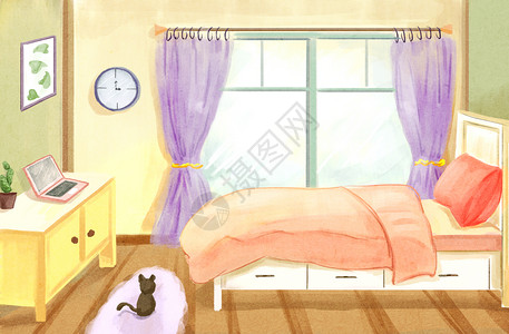 粉色窗户小清新女孩房间插画