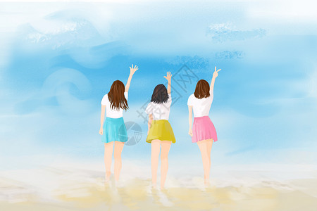 海浪与美少女夏季海边旅行插画