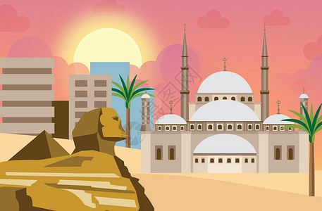沙漠中的城堡夕阳下的埃及插画