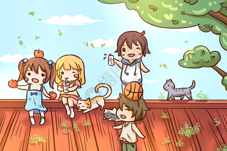 可爱女孩子暑假与屋顶的孩子插画