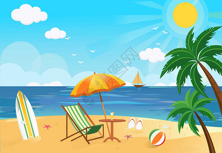夏日沙滩背景海边旅游插画
