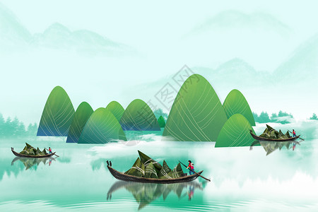 景色秀丽山湖端午节设计图片