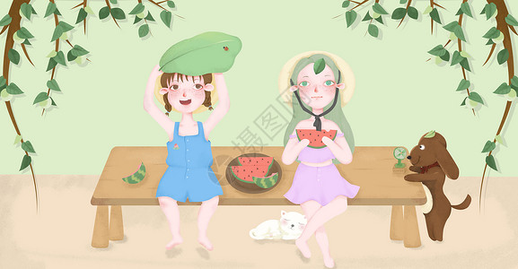 清新夏天女孩乘凉吃西瓜插画图片