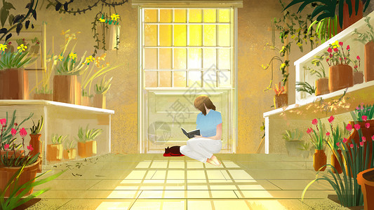 慢时光猫咪花室里看书的女孩插画