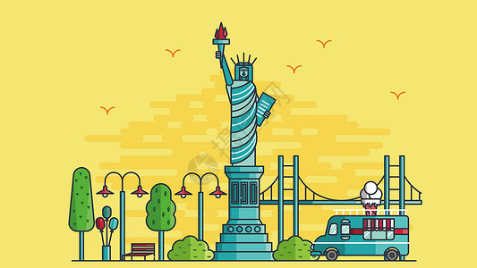 标志性雕像纽约城市风光建筑插画