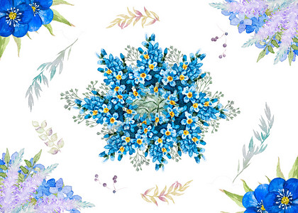 小清新蓝色边框手绘水彩花卉背景插画