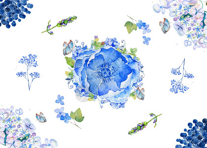 蓝色背景模板水彩手绘花卉背景插画