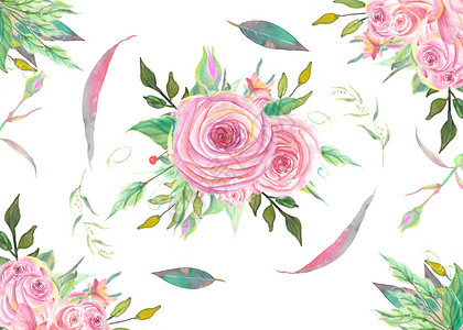 粉色植物边框水彩花卉背景插画
