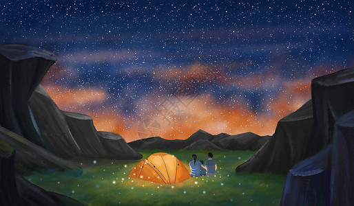 山顶露营的一家人插画